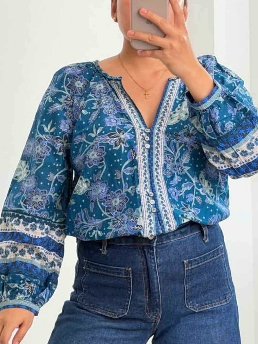 Sundance Silk Cotton Blouse Arvilla Blue Floral Peasant Top NEW Womens Medium